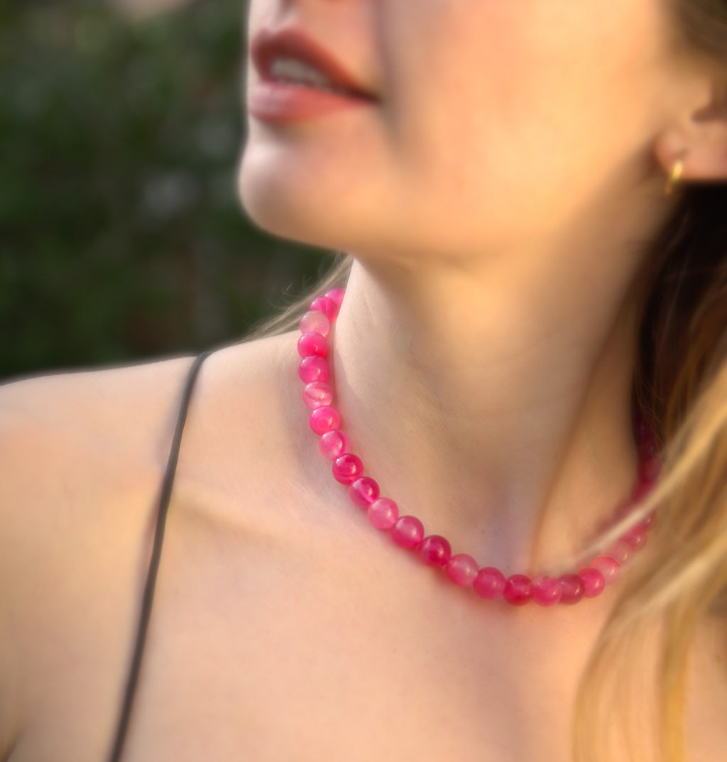 Pink Banded Agate Choker With Gold-Filled Clasp